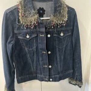 Ladies Denim Jacket with dusty green fringe with pink beads